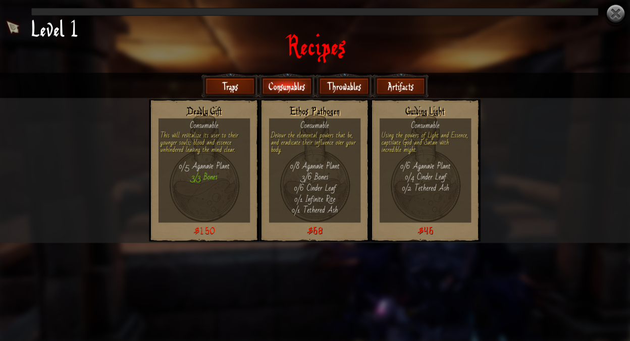 Crafting recipes screen